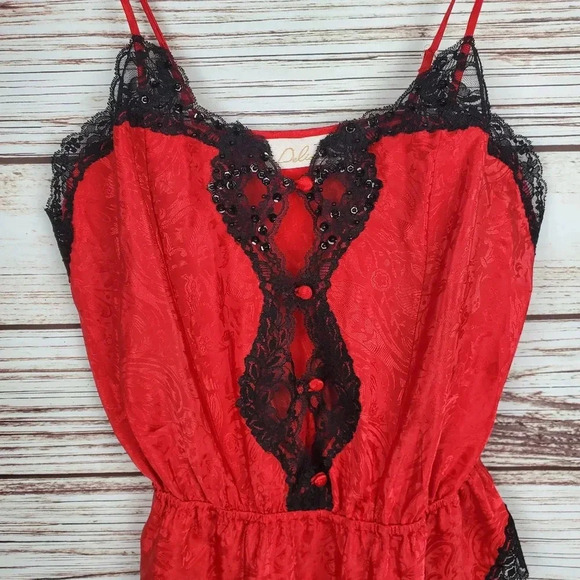 Delicates Womens Small Vintage Red&Black Floral Satin&Lace Teddy Bodysuit - Picture 3 of 9